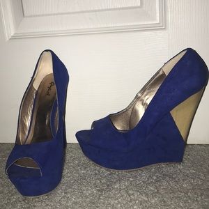Royal Blue Peep Toe Wedge Heels